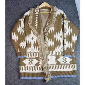 Vintage Cocogio Italy Women L Tan Southwestern Fringe Boho Cardigan 90's